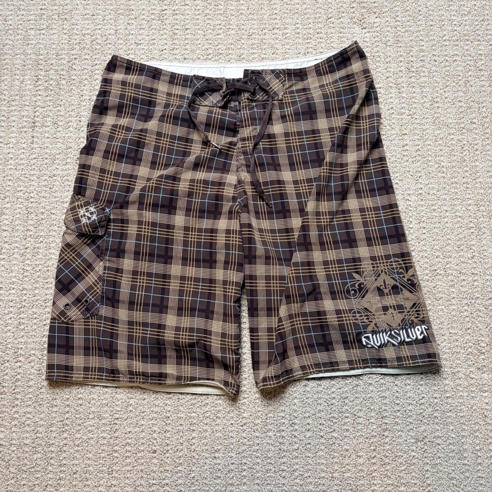 Quiksilver Mens 34 Brown Plaid Board Shorts Cargo Pocket Swim Trunks